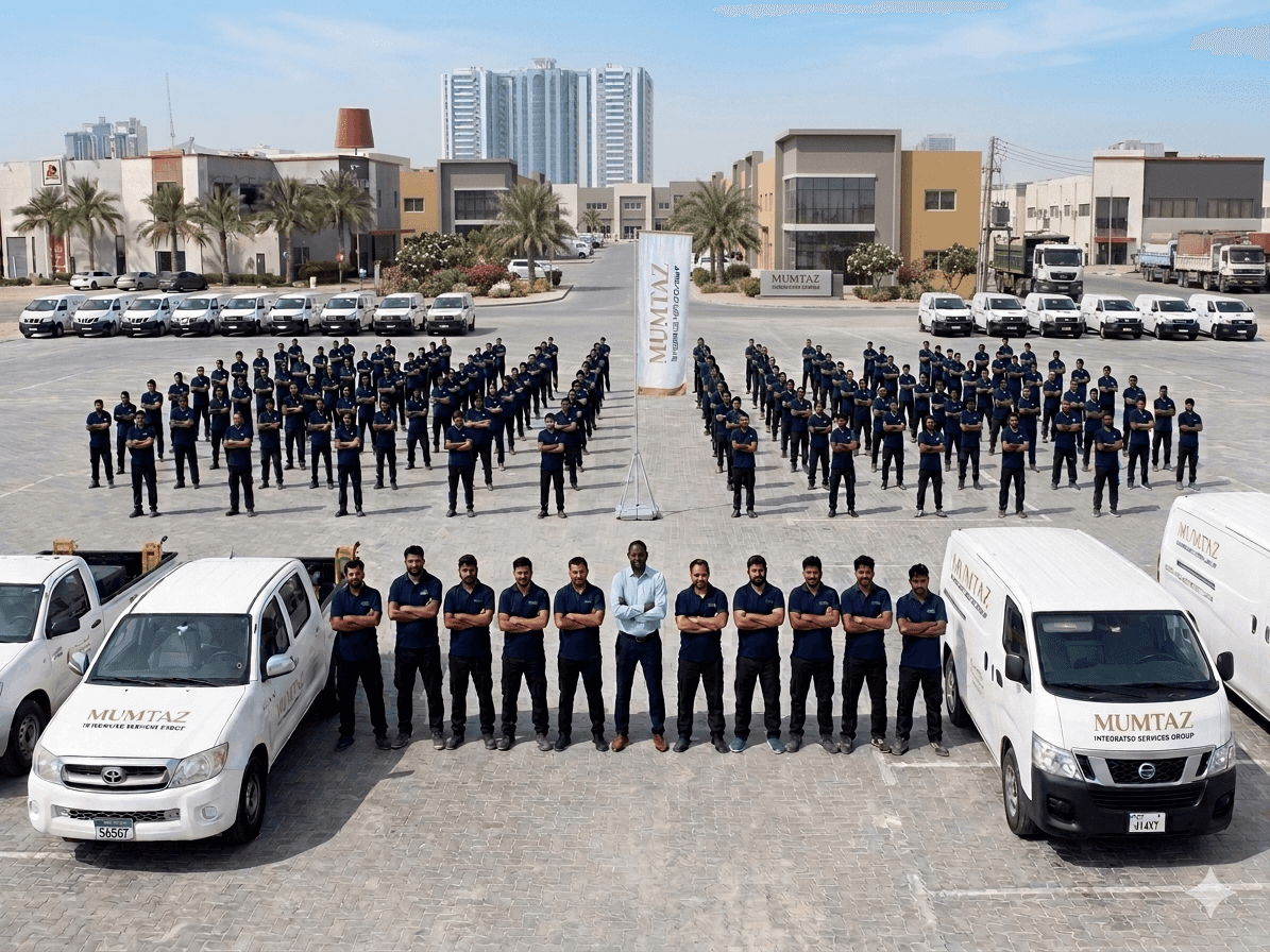 MUMTAZ workforce in uniform with branded vehicles outside the Sharjah head office